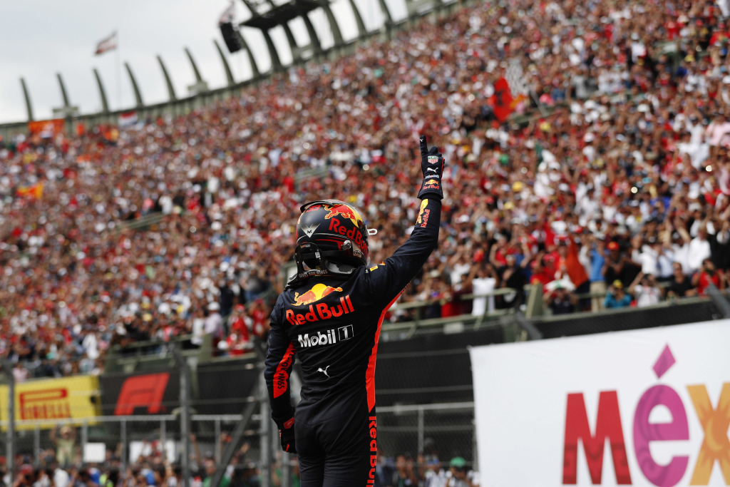 Max Verstappen celebrates in front of the Mexican fans after winning the Grand Prix. 
