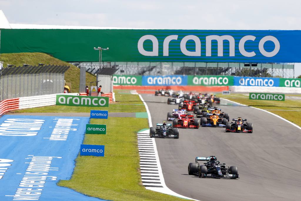 The 2020 Formula 1 cars on track at Silverstone.