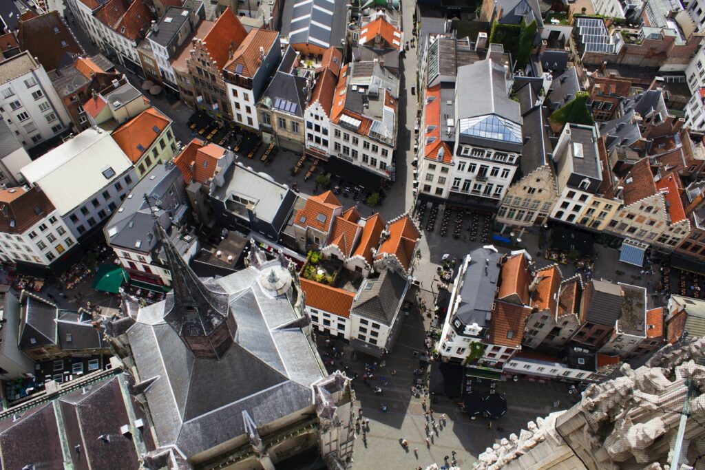 An aerial view of cafes lining the streets of Antwerp, a stop on the way to the Belgian Grand Prix