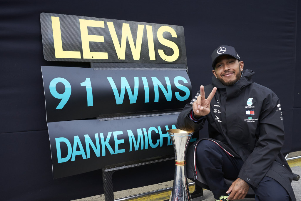 Lewis Hamilton celebrates breaking F1 records