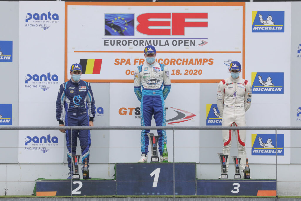 Louis Foster on the top step of the podium after winning at Spa