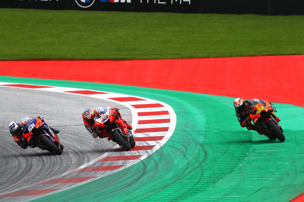 3 motorcycles during a MotoGP race in Austria