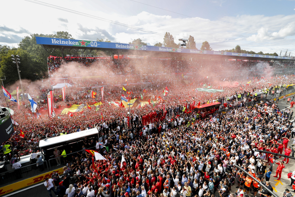 F1 fans celebrate on track at Monza in Italy