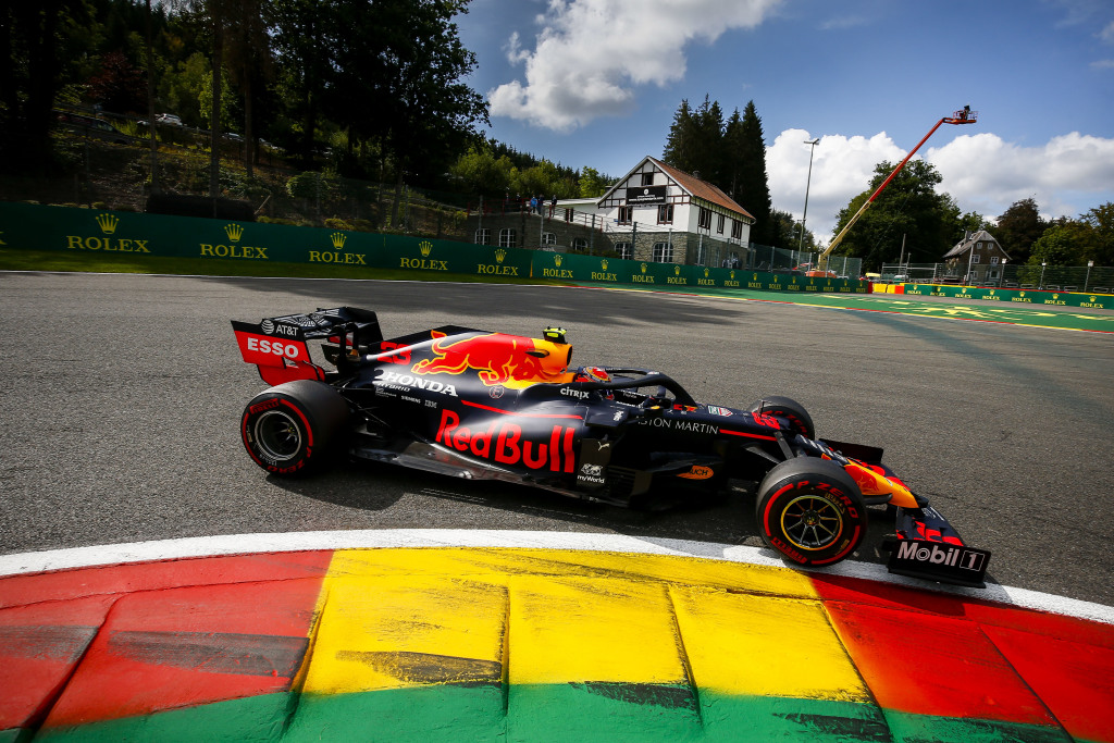 Max Verstappen racing his Formula 1 car during the Belgian Grand Prix