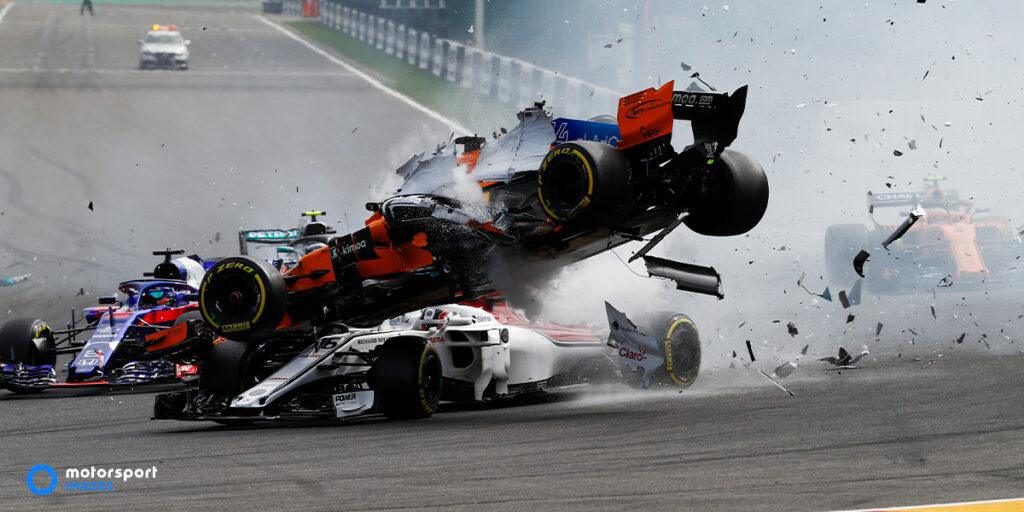 A Formula 1 car crashes in the air at the Belgian Grand Prix