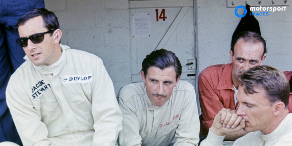 Three Formula 1 drivers including Jackie Stewart and Graham Hill