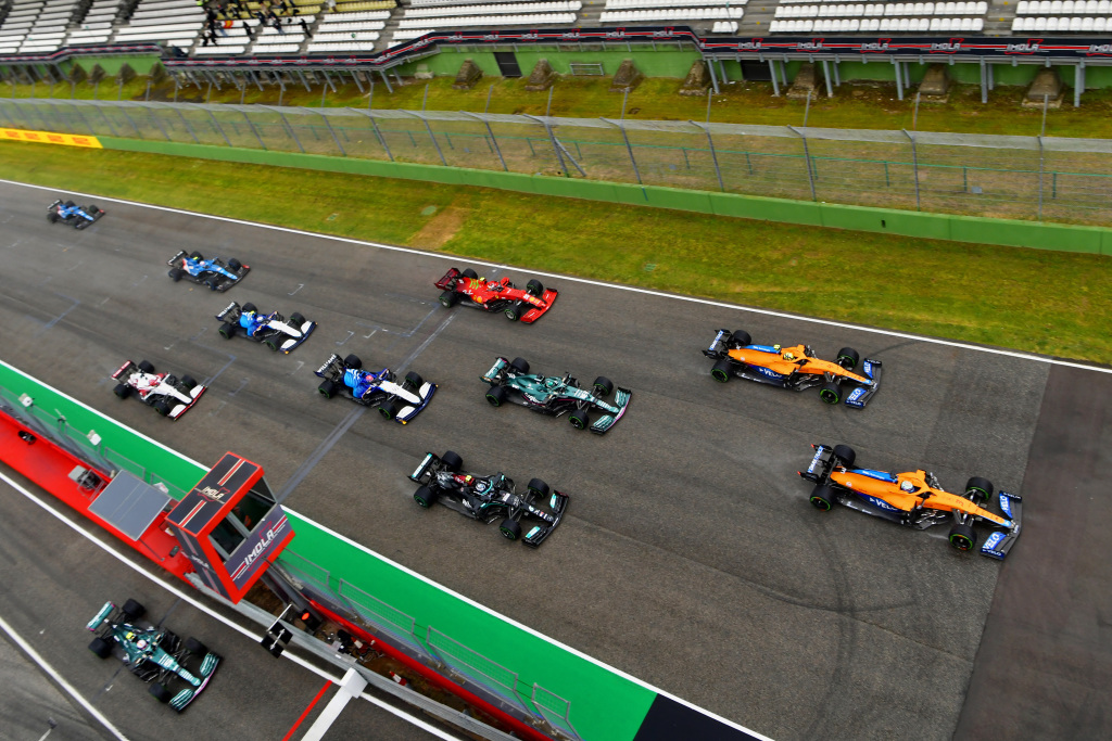 Cars at the start of a Formula 1 race
