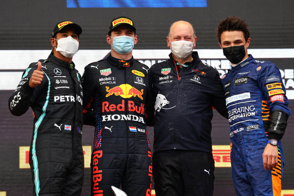  Sir Lewis Hamilton, Max Verstappen, and Lando Norris on the podium in Imola.
