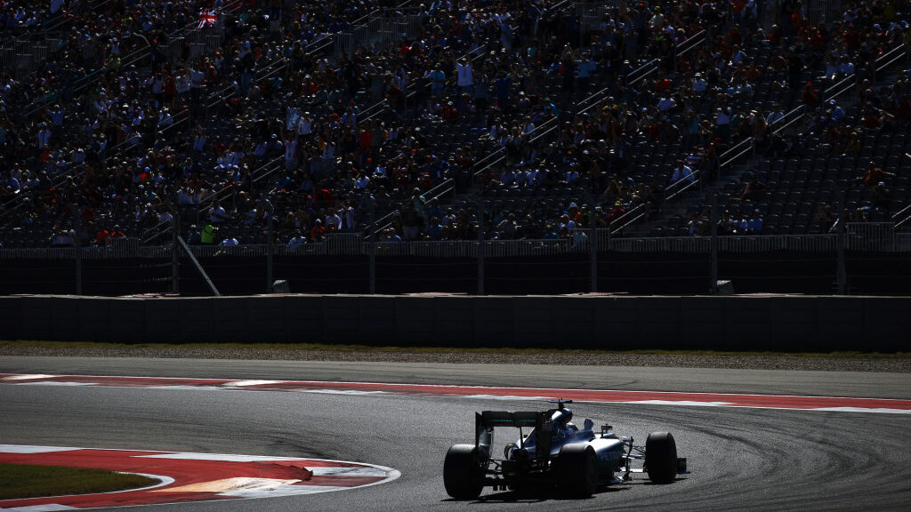 F1 driver passes a grandstand at Circuit of the Americas