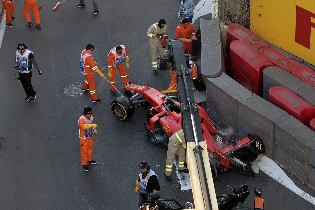 Charles Leclerc's Formula 1 car is recovered