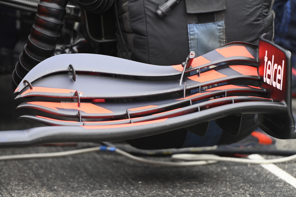 The front wing of a Red Bull F1 car