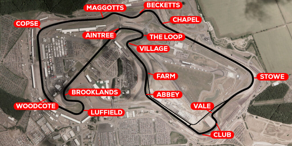 Map of Silverstone and the British Grand Prix with corner names labelled