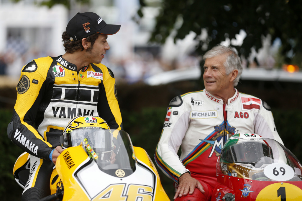 MotoGP riders Valentino Rossi and Giacomo Agostini