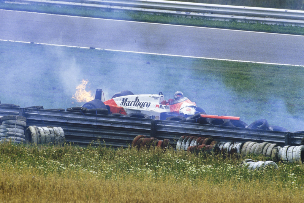 A Formula 1 car on fire after hitting a deer during the Austrian Grand Prix.