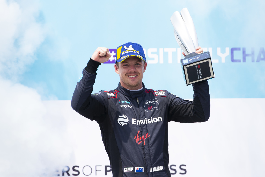 Racing driver Nick Cassidy celebrates a Formula E podium