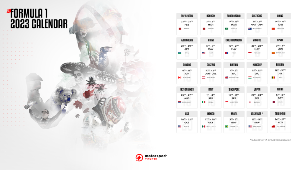 Desktop calendar displaying the dates of the 2023 Formula 1 calendar