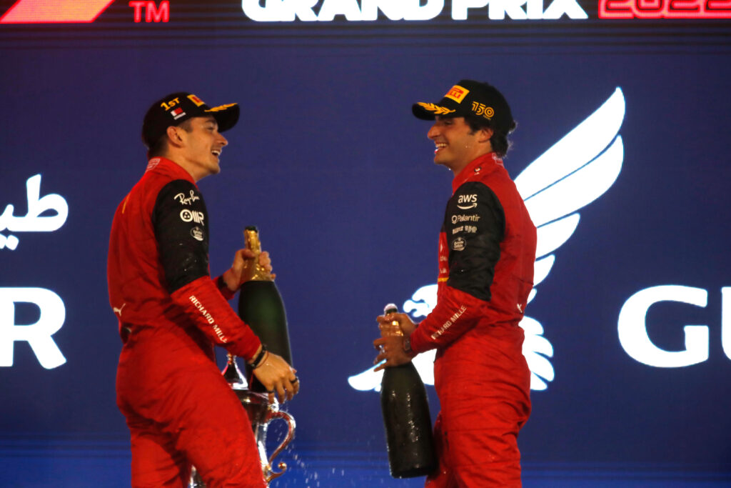 Ferrari’s Charles Leclerc and Carlos Sainz celebrate 1st and 2nd place at 2022 Bahrain GP
