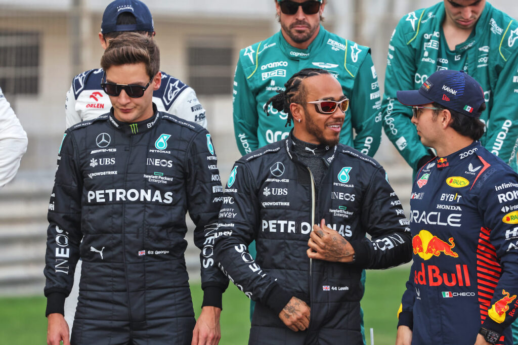 George Russell, Lewis Hamilton and Max Verstappen chatting at the Bahrain Grand Prix