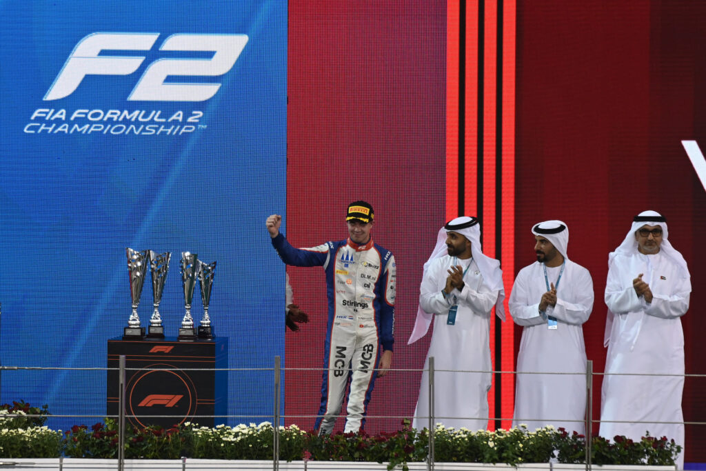 F2 champion in Abu Dhabi Liam Lawson presented with trophy