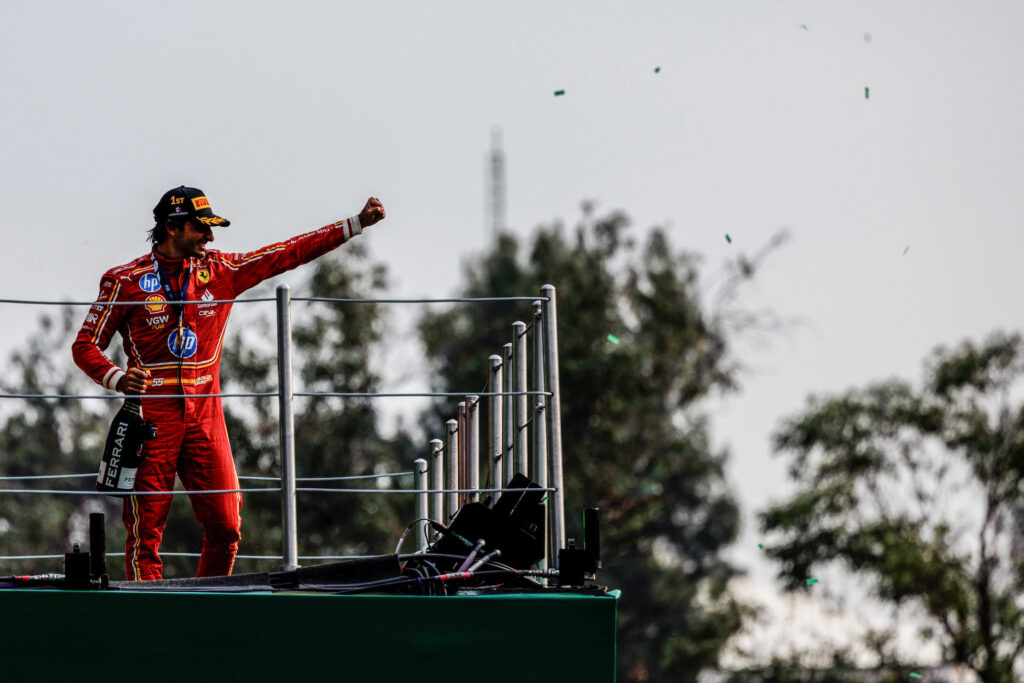 Carlos Sainz (Ferrari) celebrates on the podium during the Mexican GP at Autodromo Hermanos Rodriguez